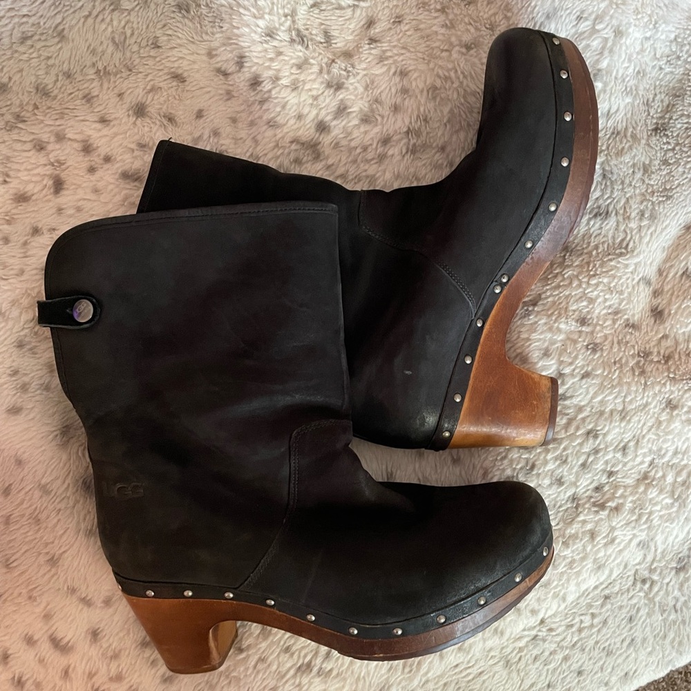 UGG Black Leather Women's Fur-lined Clog Boots